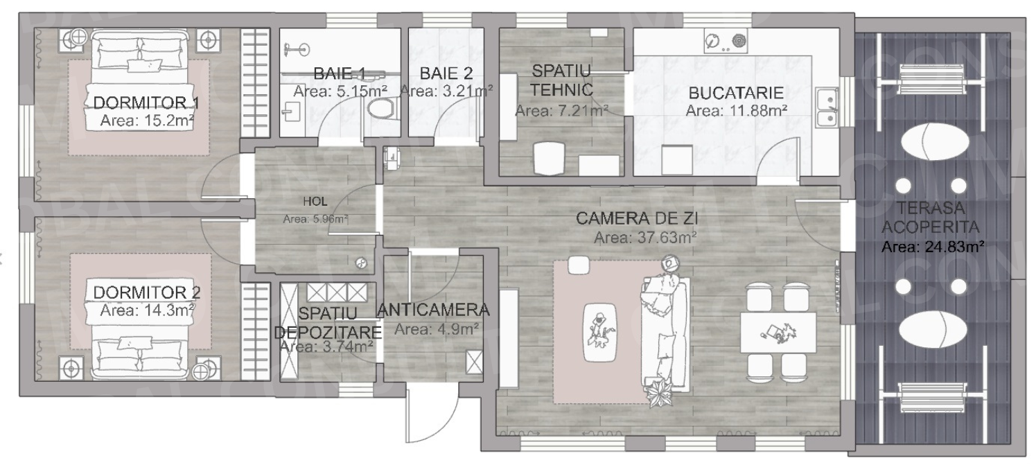 Plan parter mobilat – casa mare 134 mp cu 2 dormitoare, living, bucatarie, 2 bai, terasa